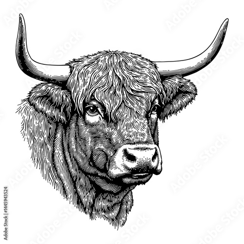 Detailed Engraved Sketch Illustration of Highland Cow With Long Hair Head Black and White Outline Line Art Drawing