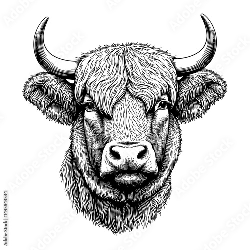 Detailed Highland Cattle Head with Long Hair Covering Eyes Black and White Outline Line Art Drawing