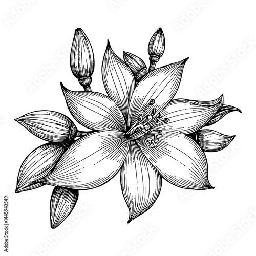 Jasmine Flower Botanical Black and White Outline Line Art Drawing Engraving Illustration Style