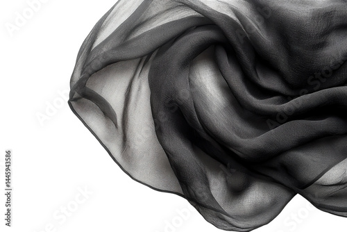 Elegant black sheer fabric softly draped showcasing texture and subtle light play on white