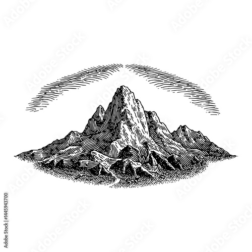 Tall Mountains Peak Range Landscape Black and White Outline Line Art Drawing Vintage Antique Etching