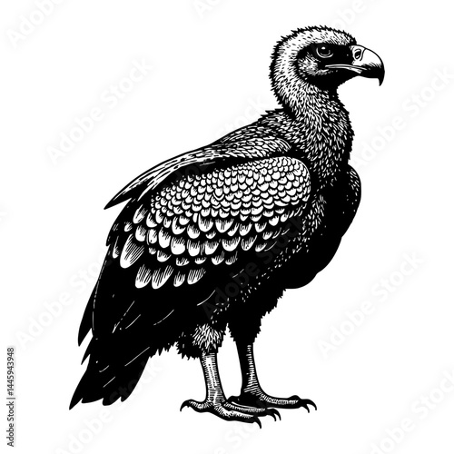 Vulture Bird Standing Black and White Outline Line Art Drawing Detailed Engraving Illustration