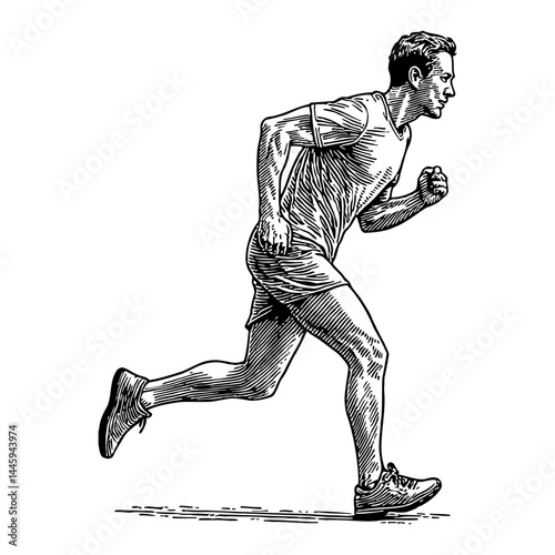 Vintage Engraved Style Full Body View Man Running Pose Logo Black and White Outline Line Art Drawing