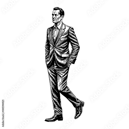 A Stylish Man in Suit Walking Confidently with Hands in Pockets Black and White Outline Line Art Drawing