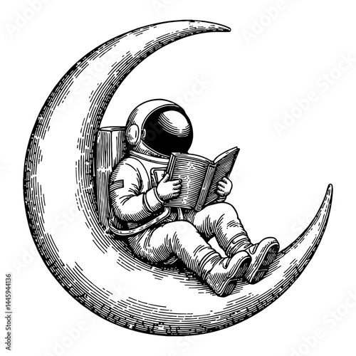 Astronaut Sitting on Crescent Moon Reading Book Black and White Outline Line Art Drawing