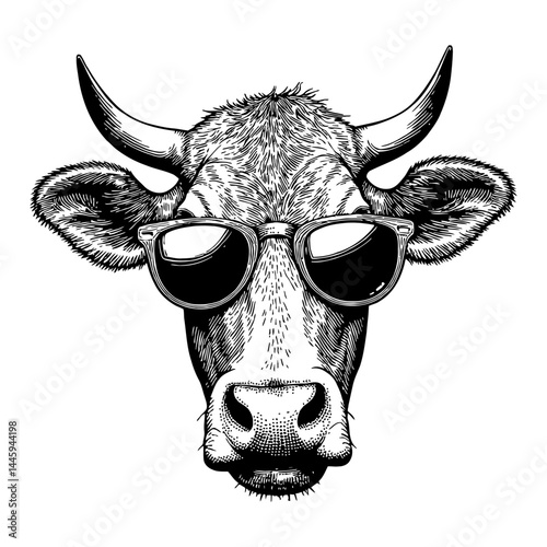 Cool Cow Head Wearing Sunglasses Black and White Outline Line Art Drawing Isolated Object