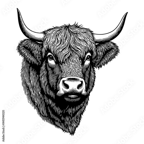 Highland Cow Head with Long Hair in Black and White Outline Line Art Drawing