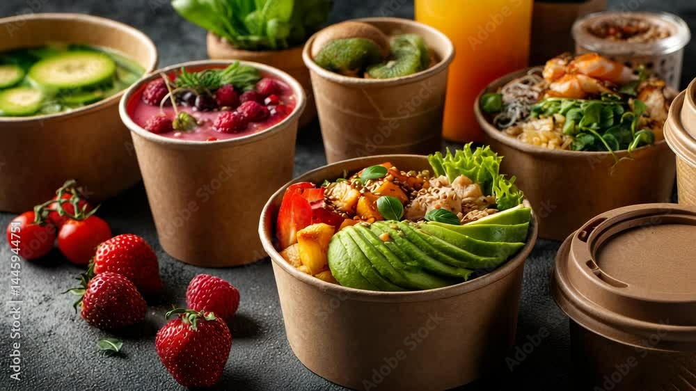 Assortment of prepared food in paper containers includes poke bowls, soup, smoothies, fruits, and juice on a textured dark gray surface.
