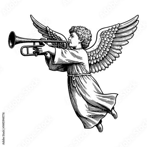 Detailed Flying Angel with Spread Wings Blowing a Loud Trumpet Vintage Black and White Outline Line Art Drawing