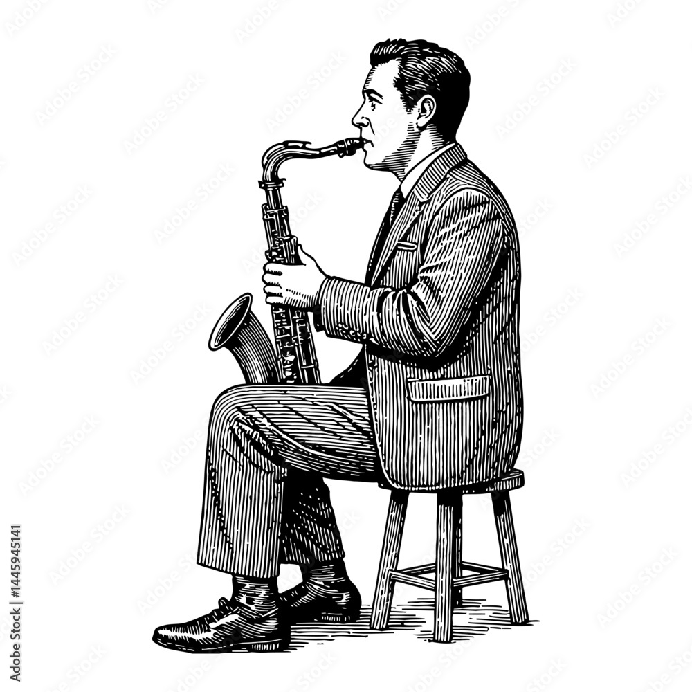 Naklejka premium Man in Full Suit Playing Saxophone Seated on Stool Side View Engraving Style Black and White Outline Line Art Drawing