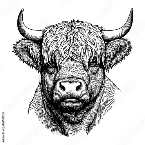 Highland Cattle with Long Hair Covering Eyes Head Detailed Black and White Outline Line Art Drawing