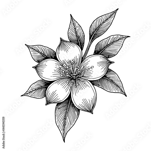 Jasmine Flower Botanical Black and White Outline Line Art Drawing Style Vintage Engraving Illustration