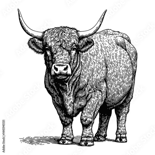 Detailed Black and White Outline Line Art Drawing of Highland Cow with Long Hair and Horns Standing Isolated