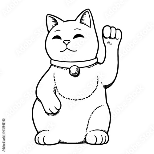 Maneki Neko Beckoning Cat Raised Paw Good Luck Fortune Symbol Black and White Outline Line Art Drawing