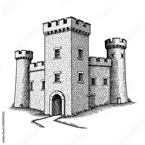 Detailed Medieval Stone Castle Fortress Building Black and White Outline Line Art Drawing