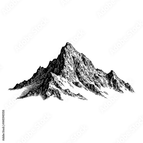 Black and White Outline Line Art Drawing of a Vintage Engraved Mountain Peak Isolated Object