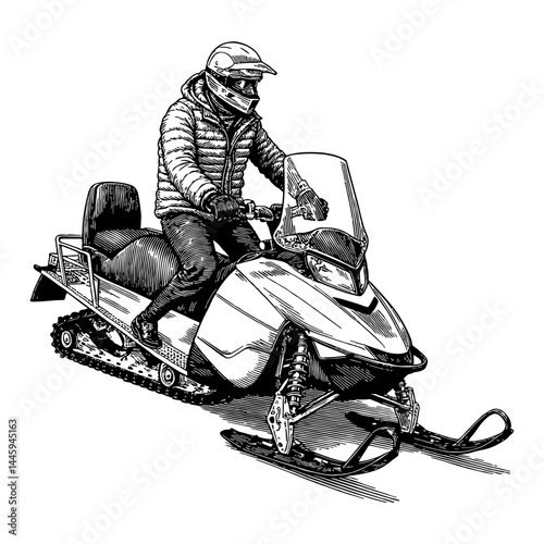 Black and White Outline Line Art Drawing of a Rider on Snowmobile Vintage Style Engraving Isolated Object Detail