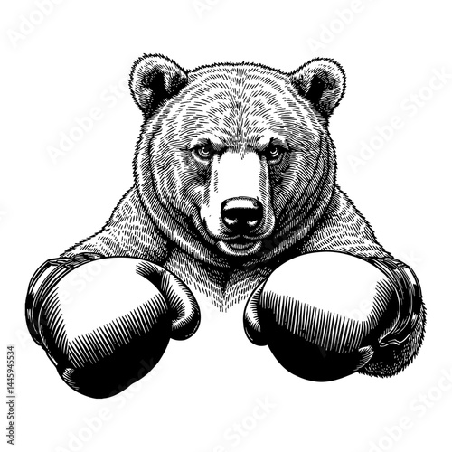 Bear Wearing Boxing Gloves Punching and Looking at Camera Bust Shot Black and White Outline Line Art Drawing