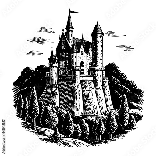 Majestic Castle on a Hill Surrounded by Trees in Vintage Black and White Outline Line Art Drawing