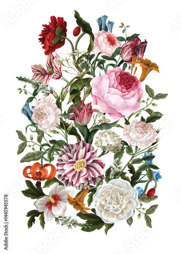 Bouquets with oil painting rococo still-lifes flowers. Vector.