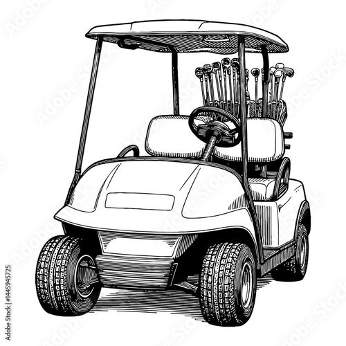 Golf Cart Carrying Golf Clubs Loaded with Equipment in Black and White Outline Line Art Drawing