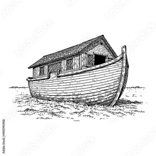 Noah Ark Only Black and White Outline Line Art Drawing Engraving Style No People Isolated Object