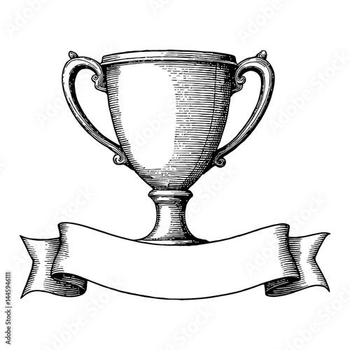 Vintage Retro Trophy Cup and Blank Banner Black and White Outline Line Art Drawing Illustration Isolated Object
