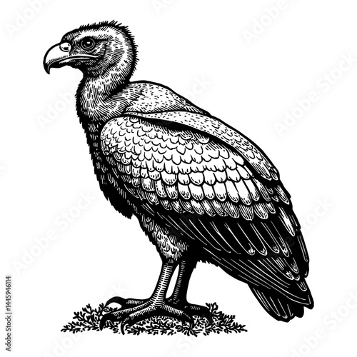 Vulture Bird Standing Side View Detailed Engraving Style Black and White Outline Line Art Drawing