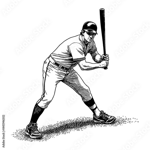 Full Body Standing Baseball Player in Batting Pose Black and White Outline Line Art Drawing Style Ready to Hit