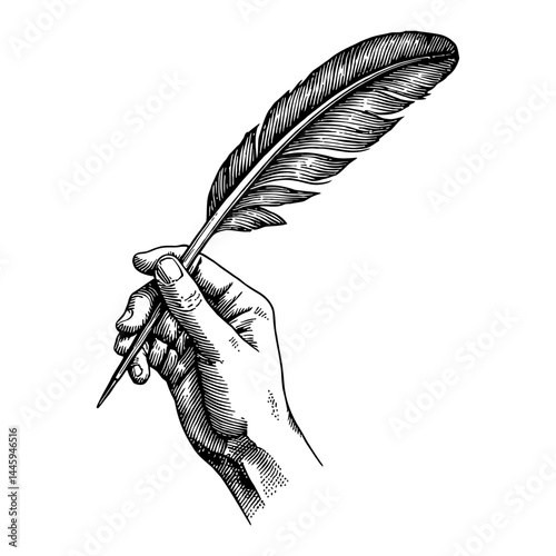 Hand Holding Quill Feather Pen Vintage Etching Engraving Sketch Illustration Black and White Outline Line Art Drawing
