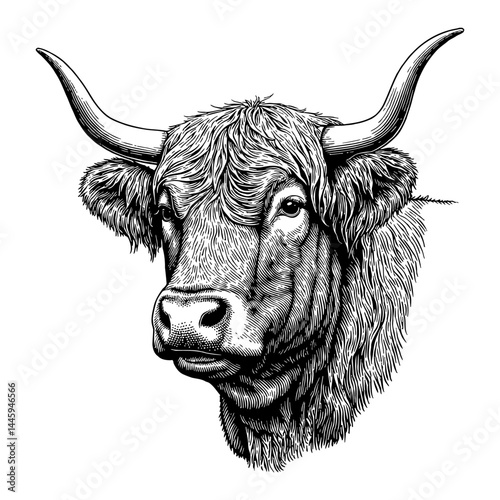 Highland Cow Head with Long Hair Black and White Outline Line Art Drawing Vintage Engraving Style Detail