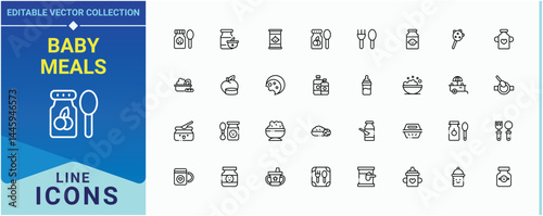 Baby Meals line icon set. Featuring baby, food, meal, babies product, baby food and more. Babies Food modern icon set. Icons for UI designs. Pixel perfect. Editable stroke.