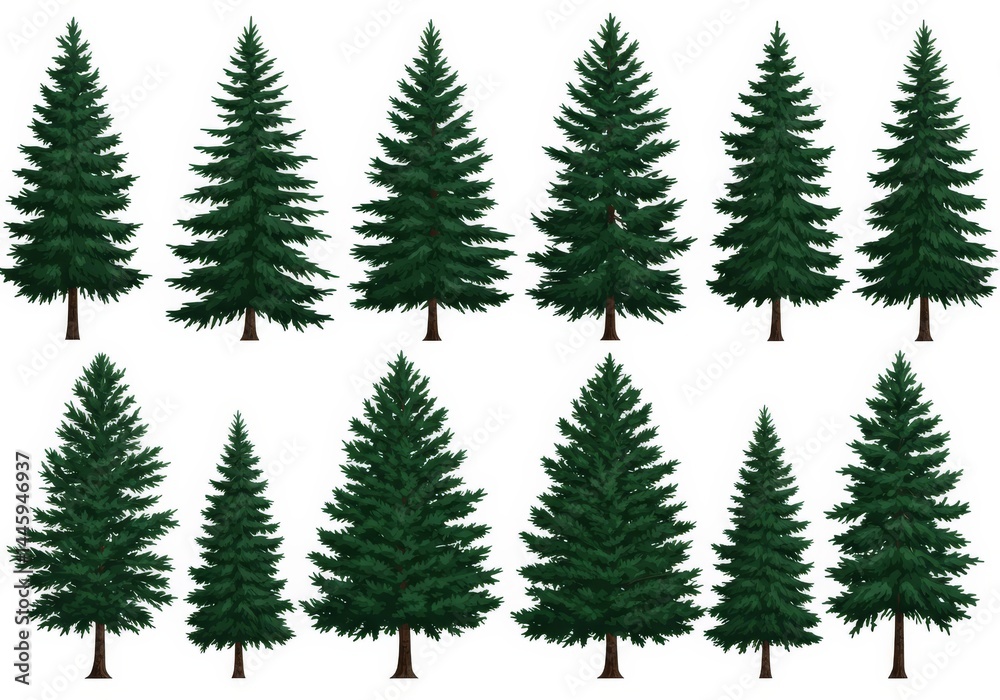 Evergreen Tree Collection - A set of twelve realistic evergreen trees, varying in size and height, isolated on a white background. Perfect for design projects Evergreen Tree Collection - A set of twelve realistic evergreen trees, varying in size and height, isolated on a white background. Perfect for design projects