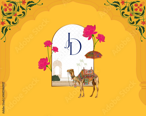 Royal wedding logo featuring camel, JD letters, pink florals