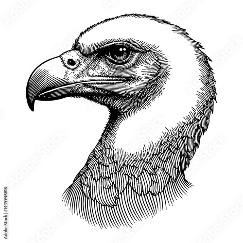 Detailed Vulture Head Portrait Black and White Outline Line Art Drawing Vintage Engraved Style