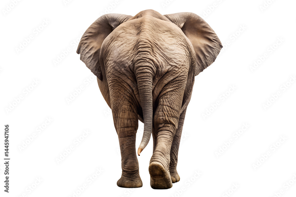 Fototapeta premium Rear view of a large african elephant walking away from viewer on transparent background