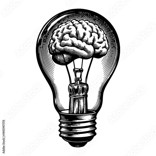 Human Brain Inside Light Bulb Idea Concept Vintage Black and White Outline Line Art Drawing Illustration Engraving