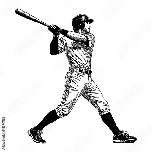 Detailed Baseball Player in Batting Pose During Swing Black and White Outline Line Art Drawing