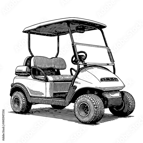 Classic Style Side View Golf Cart Vehicle Transport Detailed Black and White Outline Line Art Drawing Illustration