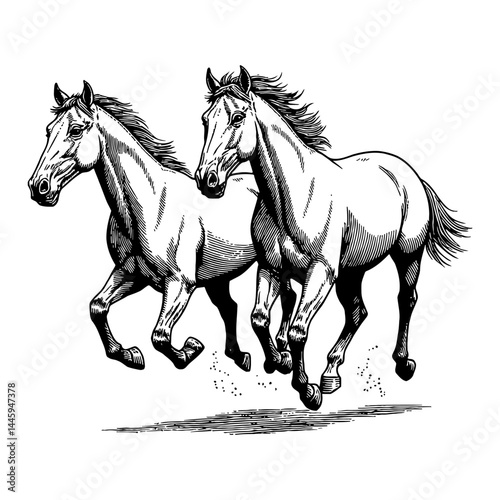 Dynamic Two Horses Running Powerfully Side by Side in Black and White Outline Line Art Drawing Illustration