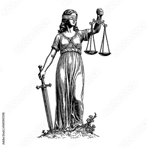 Lady Justice in a frontal pose blindfolded holding scales sword Black and White Outline Line Art Drawing