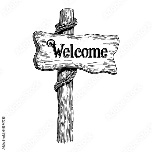 Detailed Welcome Signboard with Rope Around Wooden Post Isolated Black and White Outline Line Art Drawing Illustration