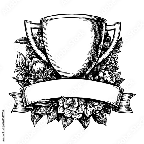Trophy Cup with Blank Banner and Flowers Black and White Outline Line Art Drawing