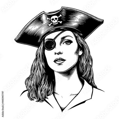 Portrait of Woman with Pirate Hat and Eyepatch in Black and White Outline Line Art Drawing