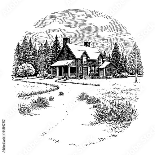Beautiful winter landscape scene with house and trees in detailed Vintage Black and White Outline Line Art Drawing