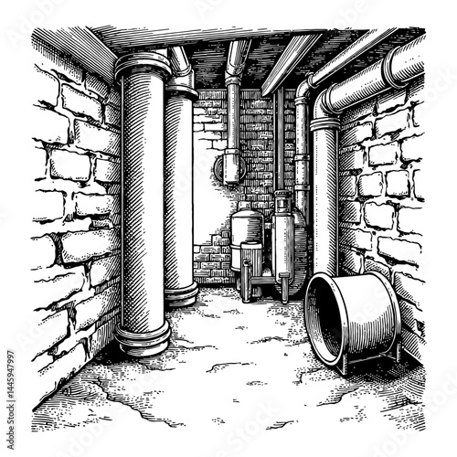 Grungy Darkroom Basement Interior with Pipes and Mechanical Equipment Black and White Outline Line Art Drawing