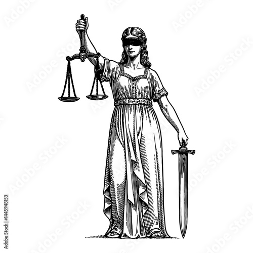 Lady Justice in Frontal Pose Blindfolded Holding Scales and Sword Black and White Outline Line Art Drawing