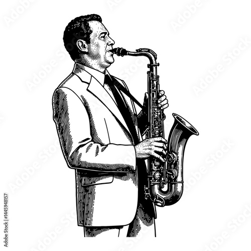 Standing Man in Suit Playing Saxophone Black and White Outline Line Art Drawing Illustration