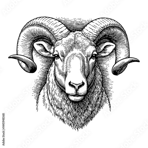 Detailed Ram Animal Head Facing Front View Black and White Outline Line Art Drawing with Large Horns