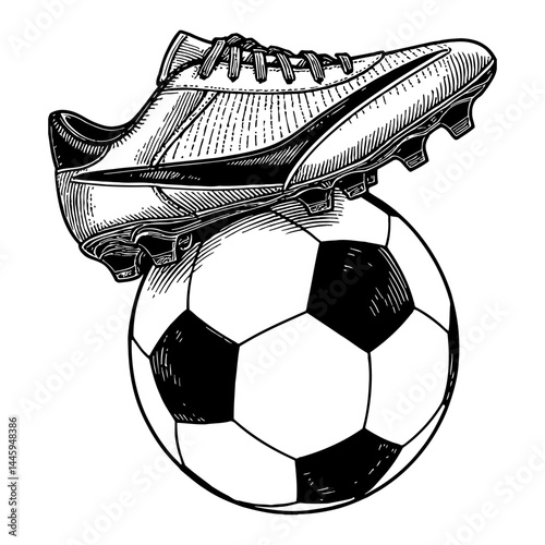 Soccer Cleat Shoe on Top of a Soccer Football Ball Black and White Outline Line Art Drawing Style Engraved